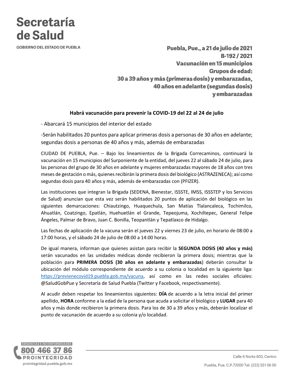 Habrá Vacunación Para Prevenir La COVID-19 Del 22 Al 24 De Julio