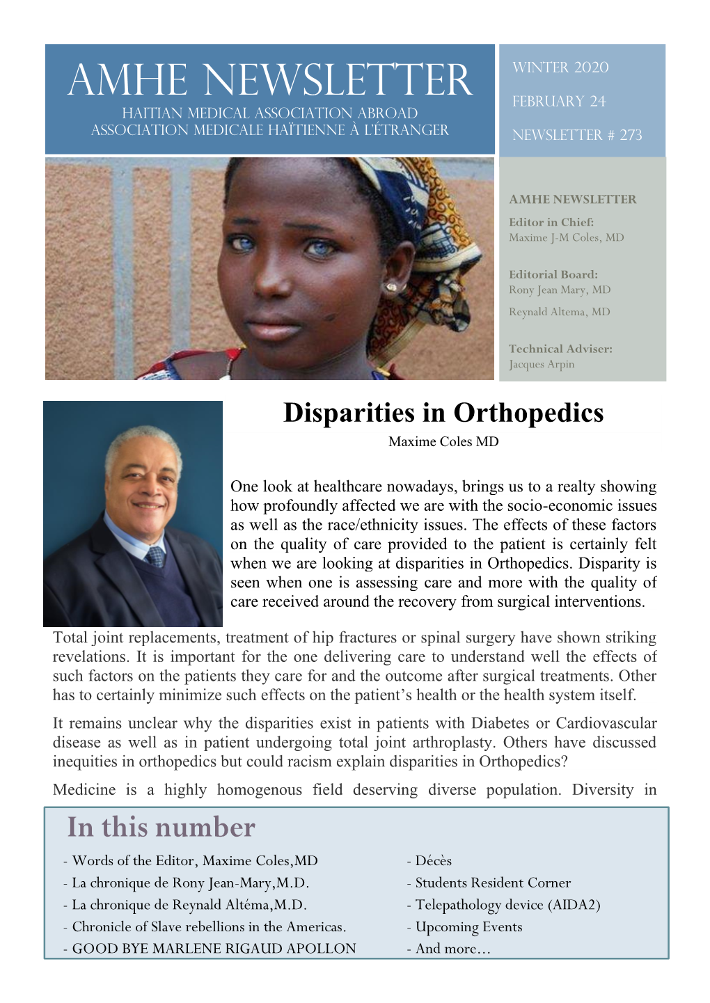 AMHE Newsletter Winter 2020 February 24 Haitian Medical Association Abroad Association Medicale Haïtienne À L'étranger Newsletter # 273