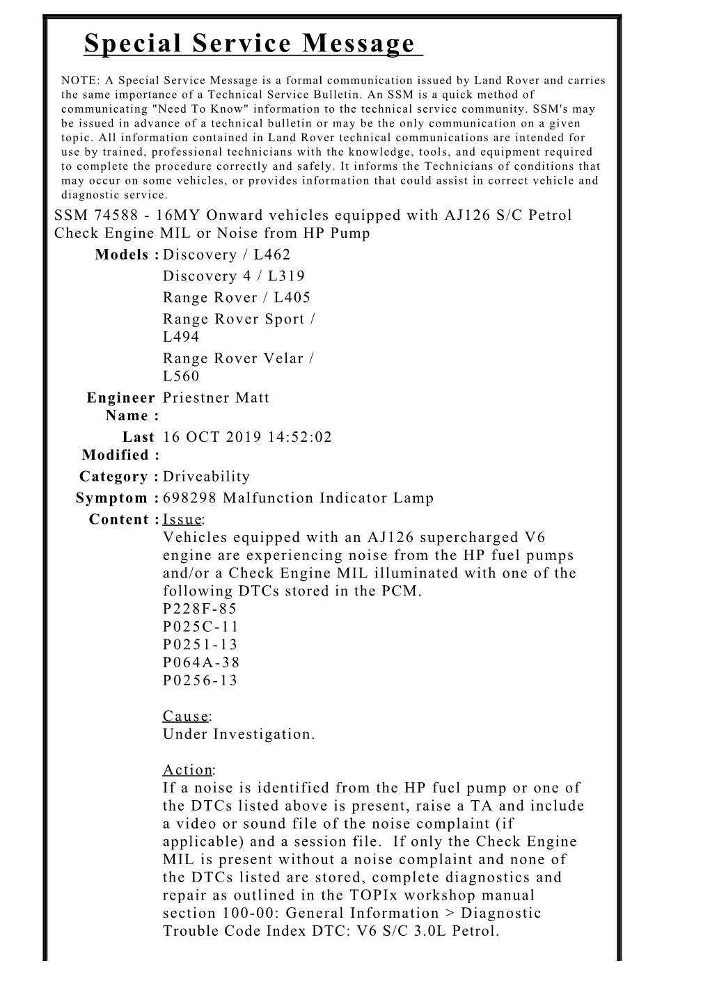 Special Service Message NOTE: a Special Service Message Is a Formal Communication Issued by Land Rover and Carries the Same Importance of a Technical Service Bulletin