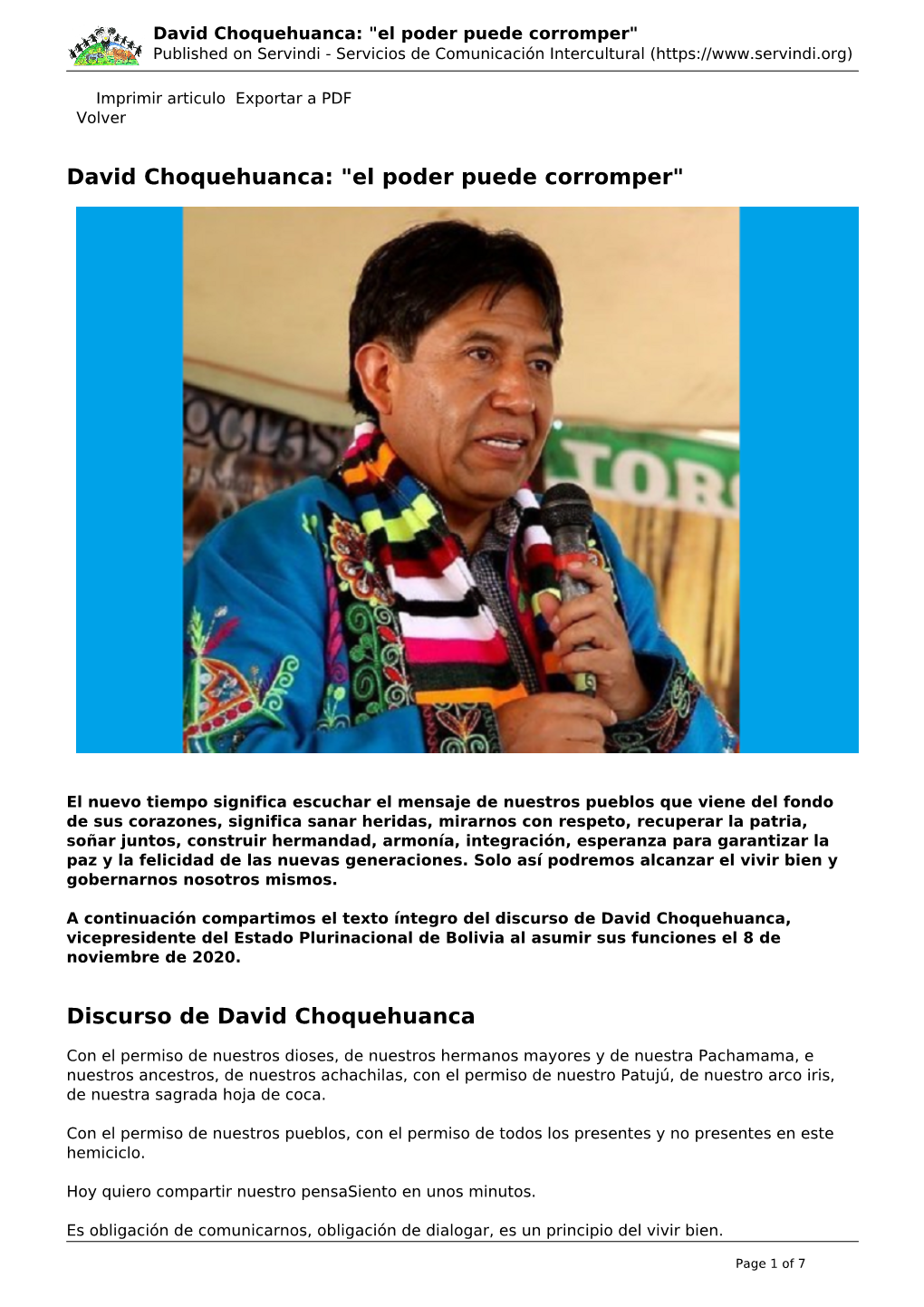 David Choquehuanca: "El Poder Puede Corromper" Published on Servindi - Servicios De Comunicación Intercultural (