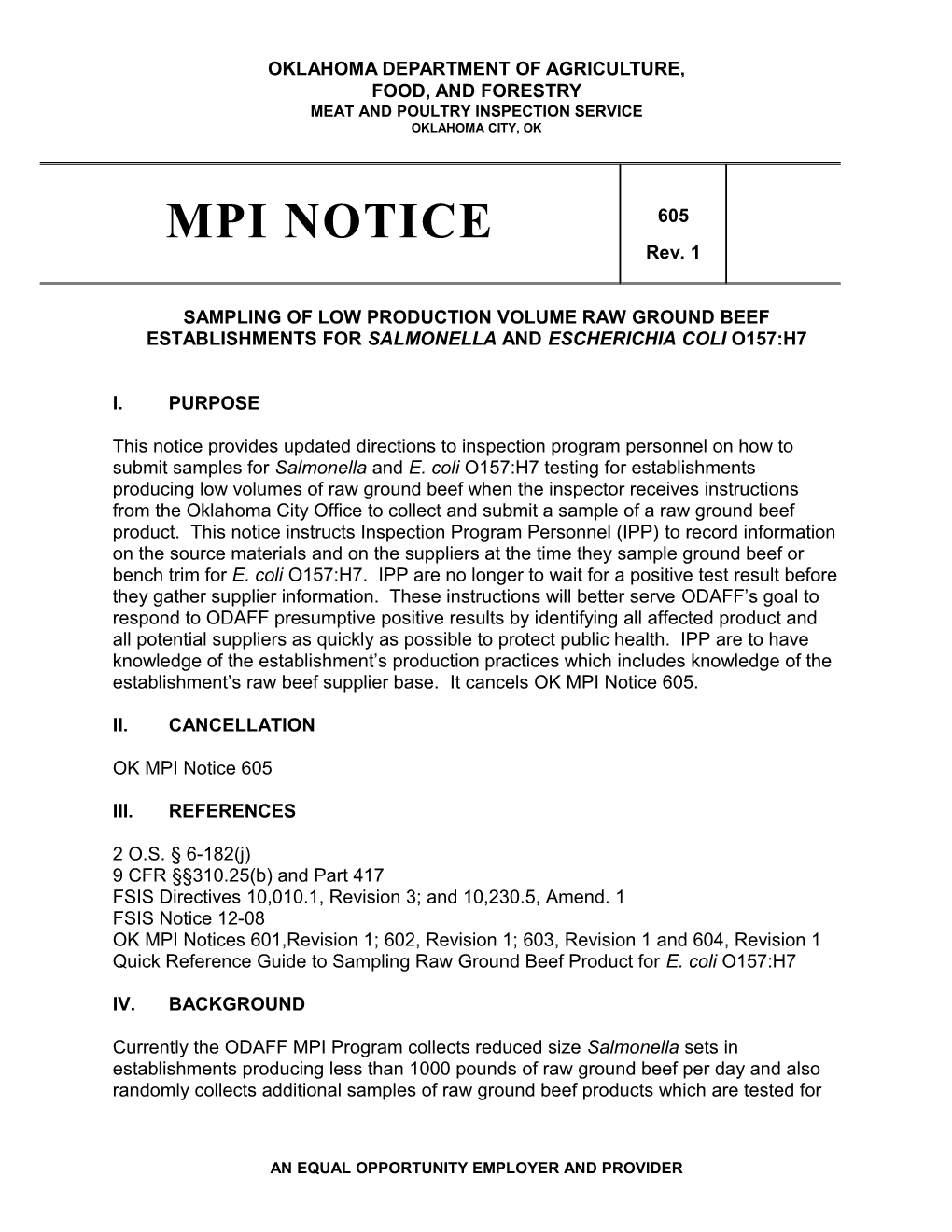 Sampling of Low Production Volume Raw Ground Beef Establishments for Salmonella and Escherichia