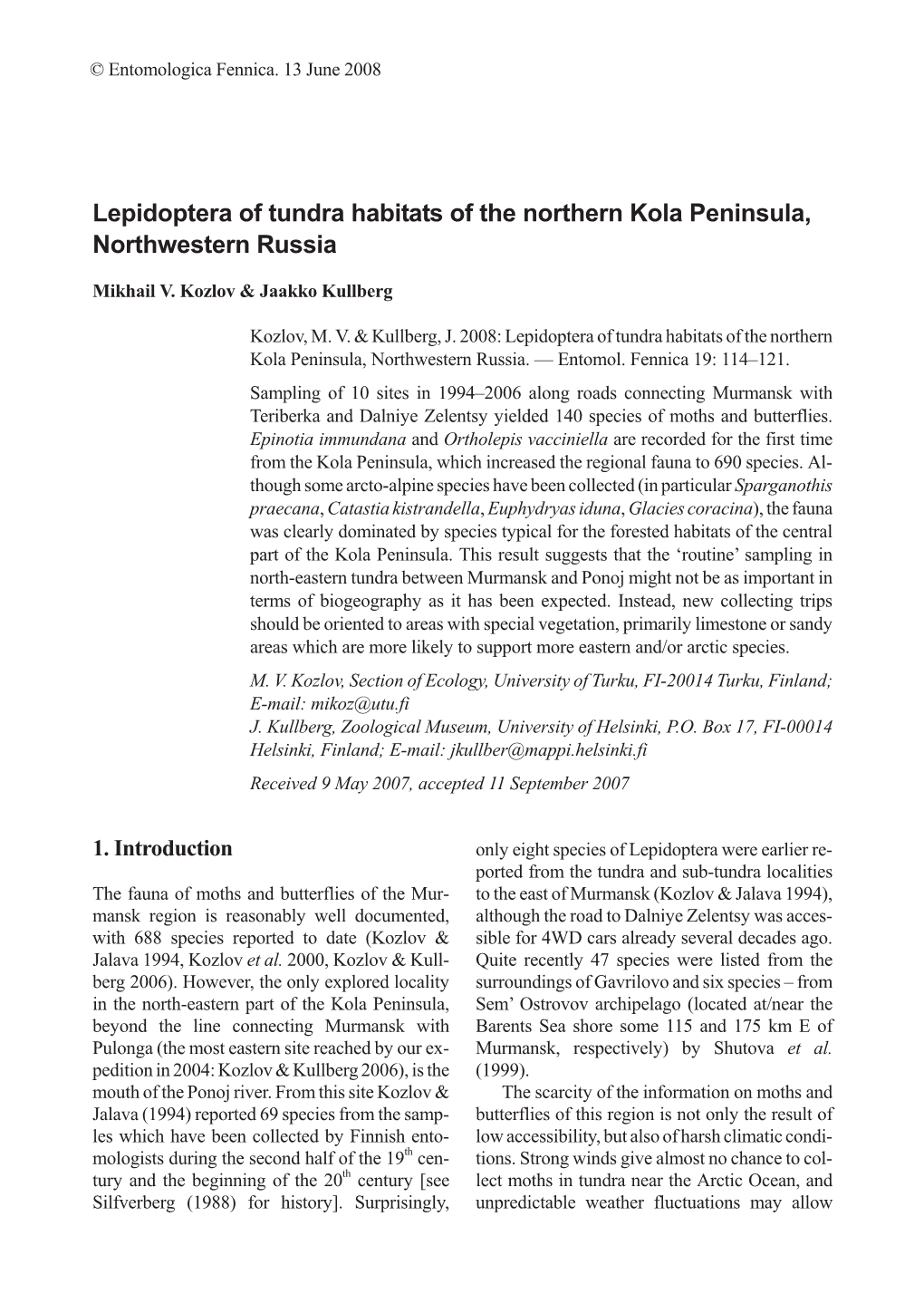 Lepidoptera of Tundra Habitats of the Northern Kola Peninsula, Northwestern Russia