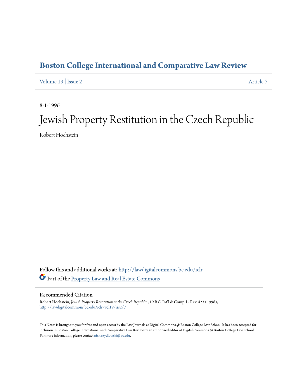 Jewish Property Restitution in the Czech Republic Robert Hochstein