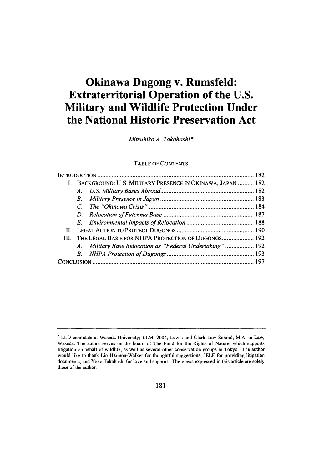 Okinawa Dugong V. Rumsfeld: Extraterritorial Operation of the U.S. Military and Wildlife Protection Under the National Historic Preservation Act