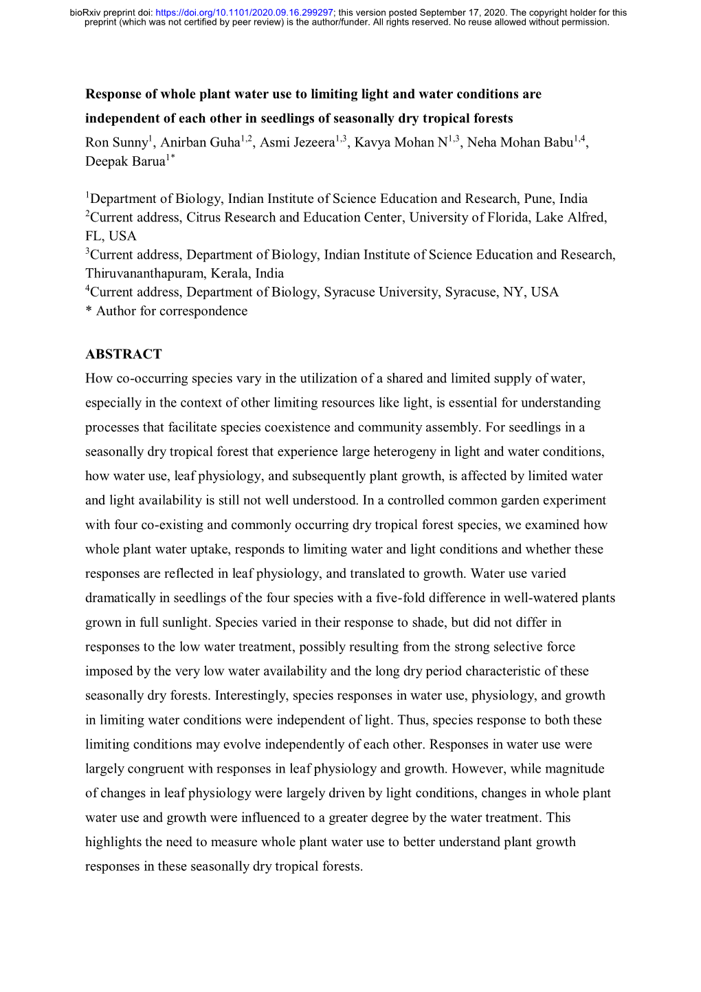 Response of Whole Plant Water Use to Limiting Light and Water Conditions