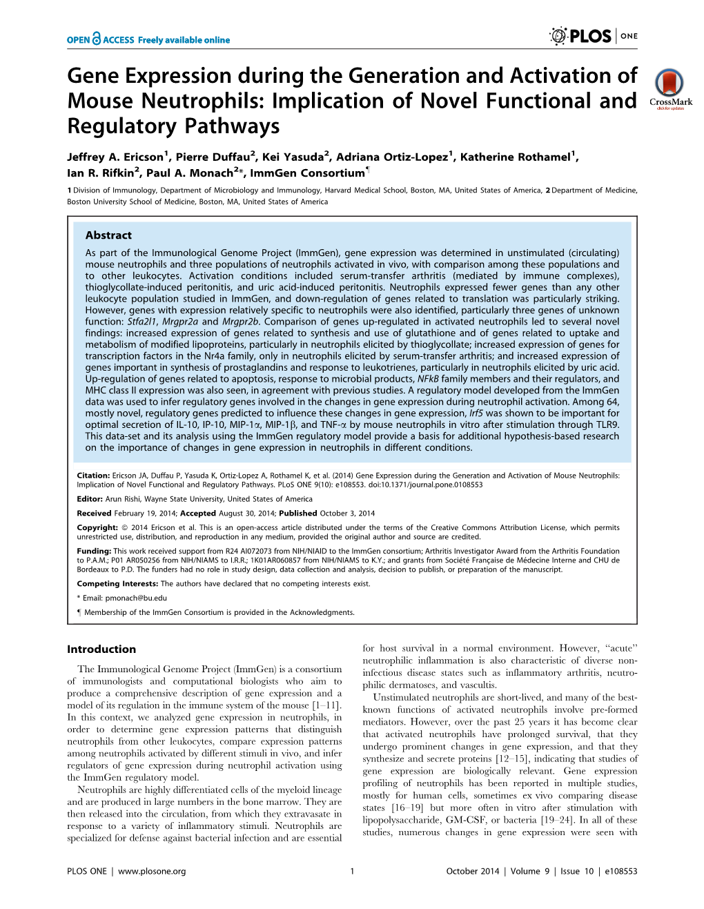 Gene Expression During the Generation and Activation of Mouse Neutrophils: Implication of Novel Functional and Regulatory Pathways