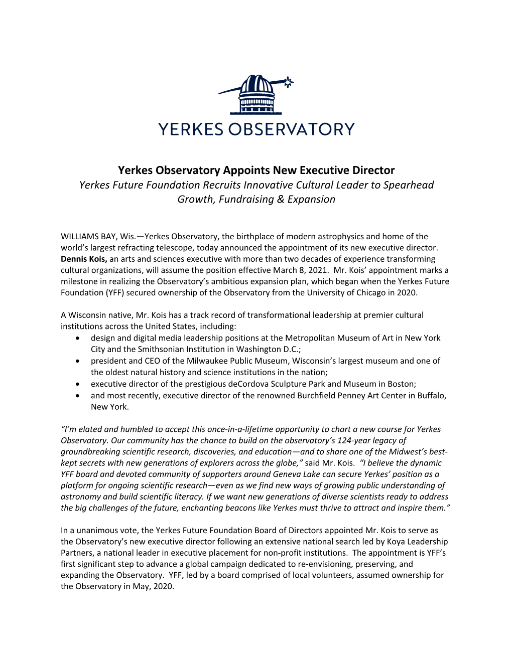 Yerkes Director Announcement