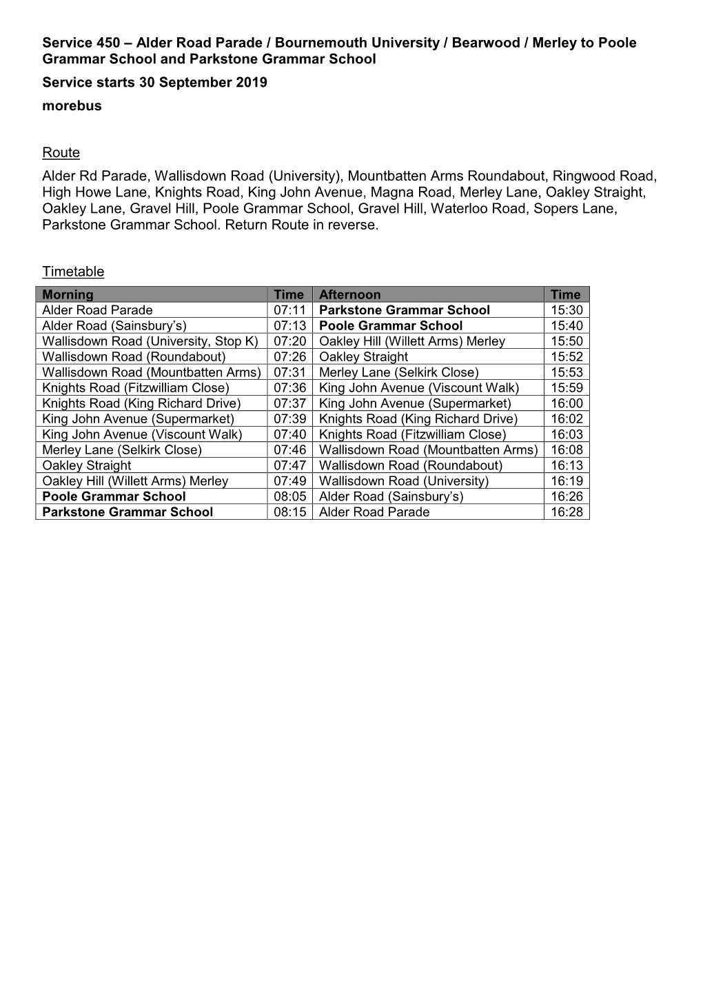 Alder Road Parade / Bournemouth University / Bearwood / Merley to Poole Grammar School and Parkstone Grammar School Service Starts 30 September 2019 Morebus