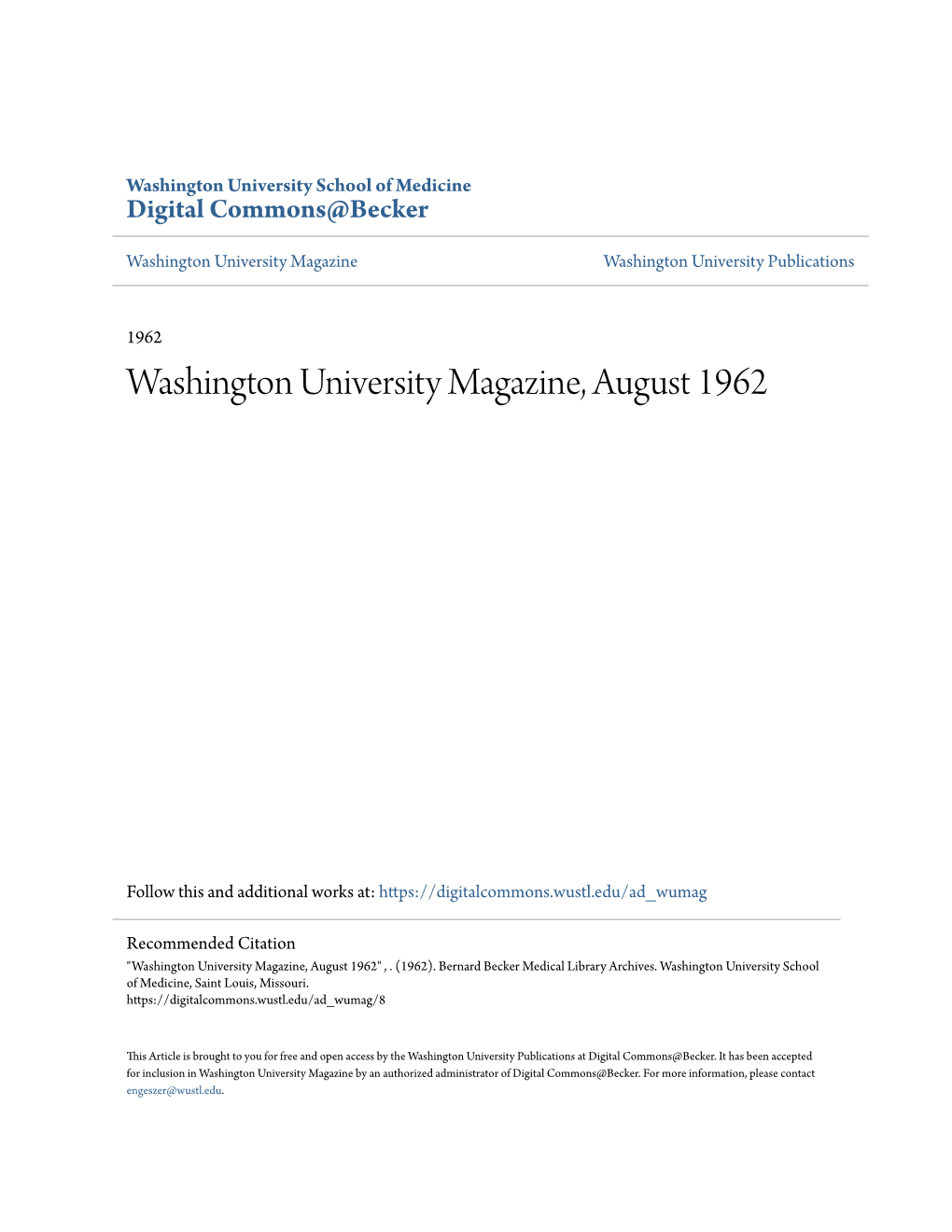 Washington University Magazine, August 1962