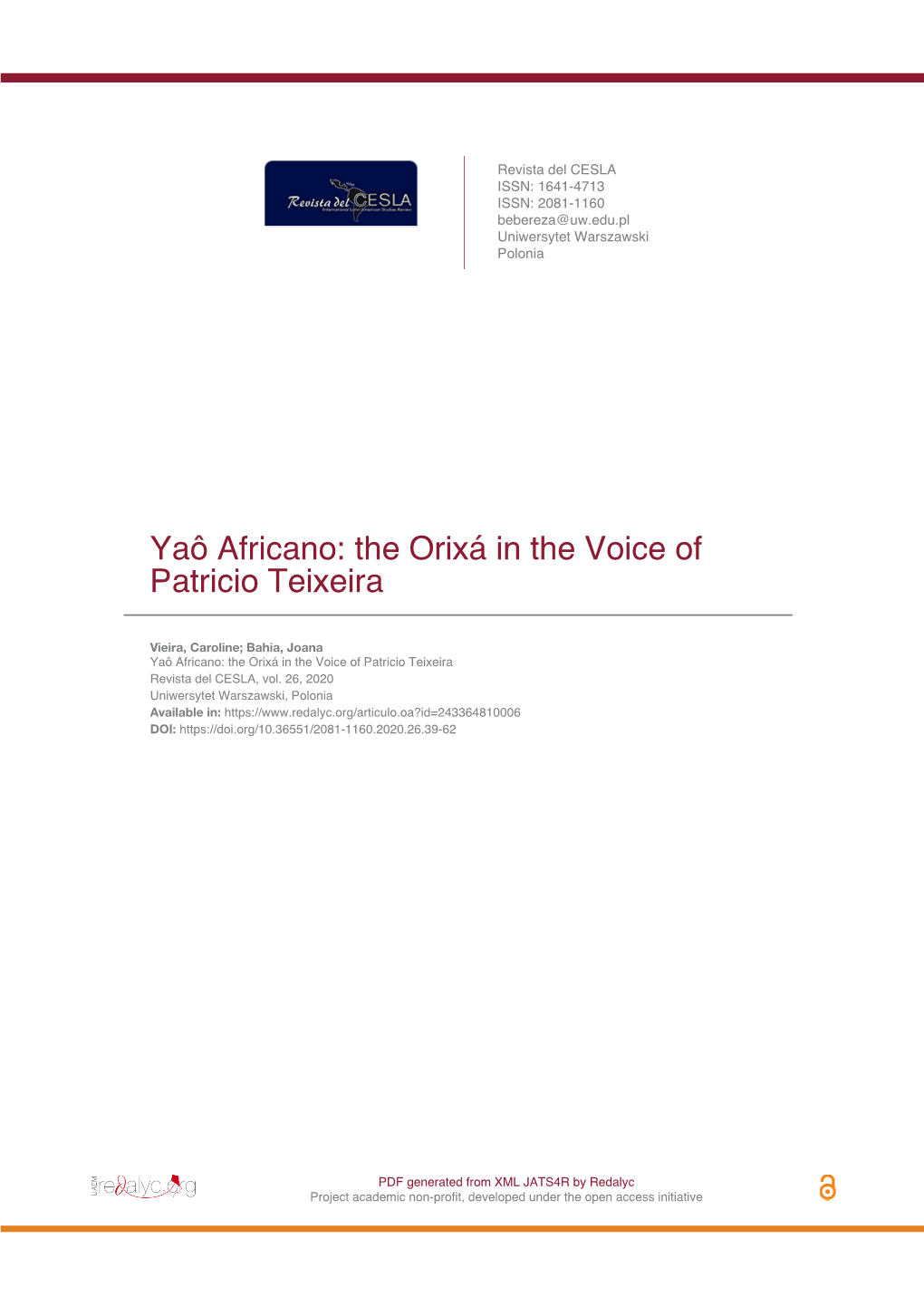 Yaô Africano: the Orixá in the Voice of Patricio Teixeira