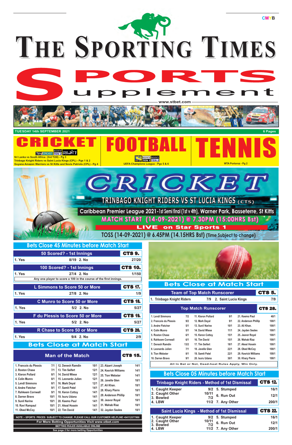 THE SPORTING TIMES SPORTS SUPPLEMENT, Tuesday 14Th September 2021