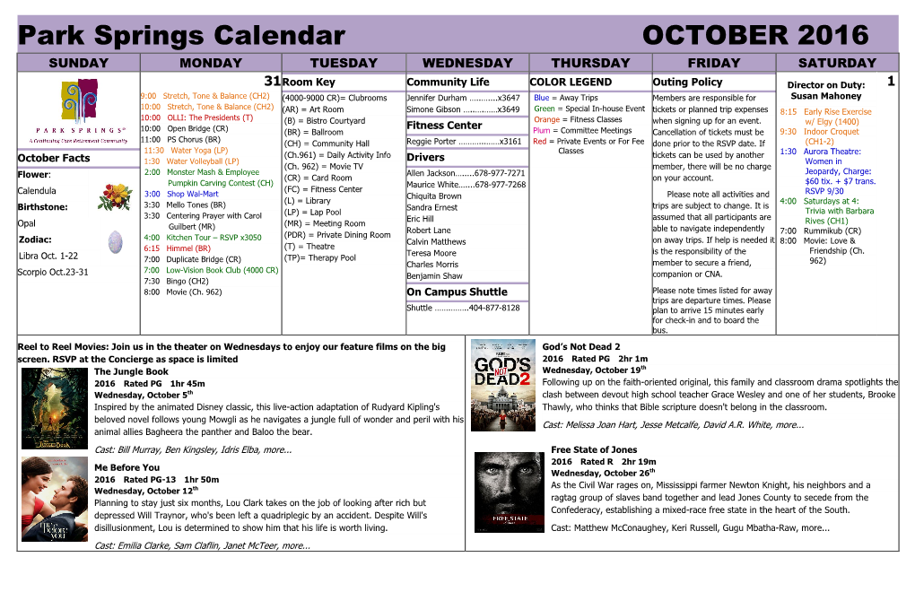 Park Springs Calendar OCTOBER 2016