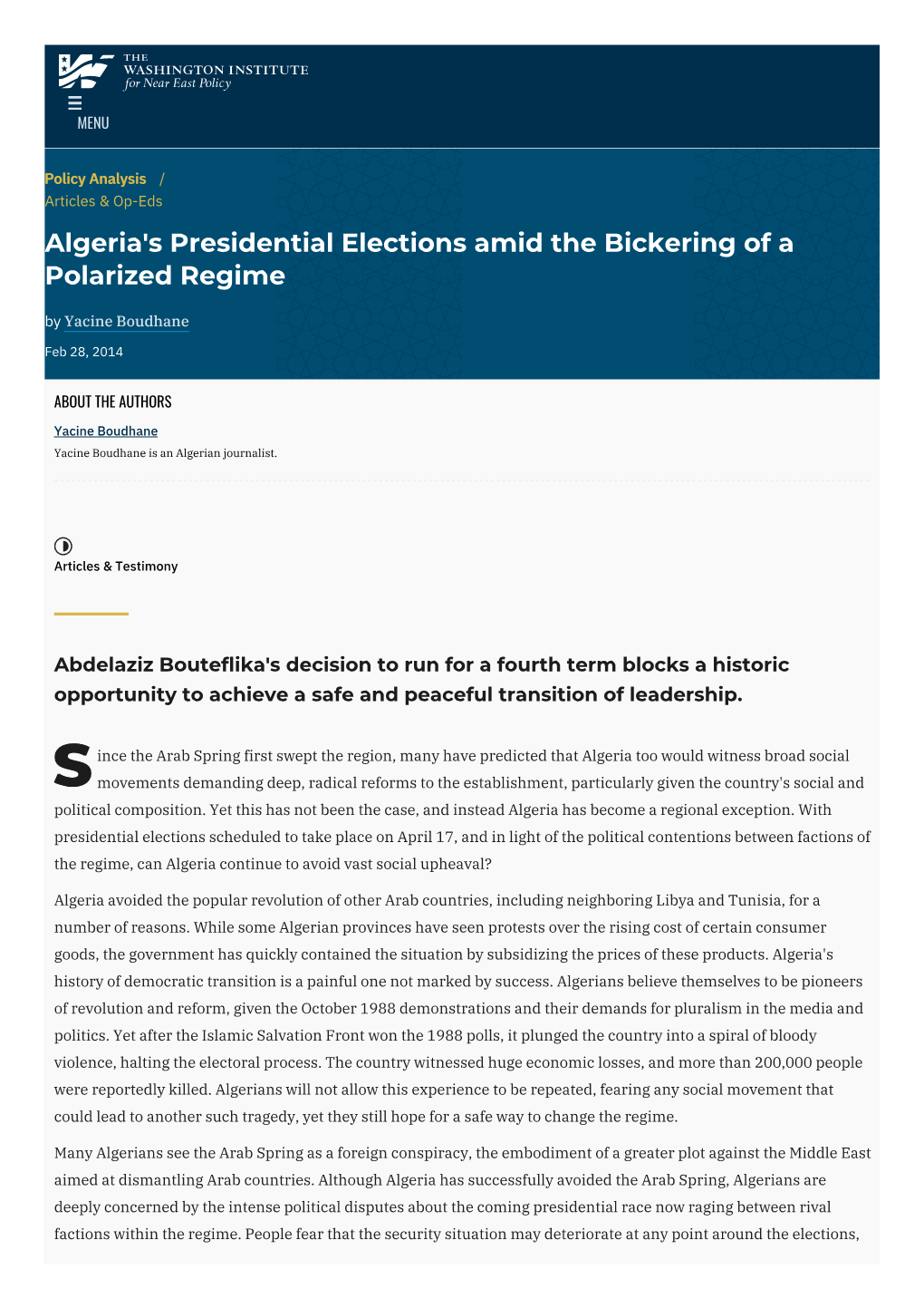Algeria's Presidential Elections Amid the Bickering of a Polarized Regime by Yacine Boudhane