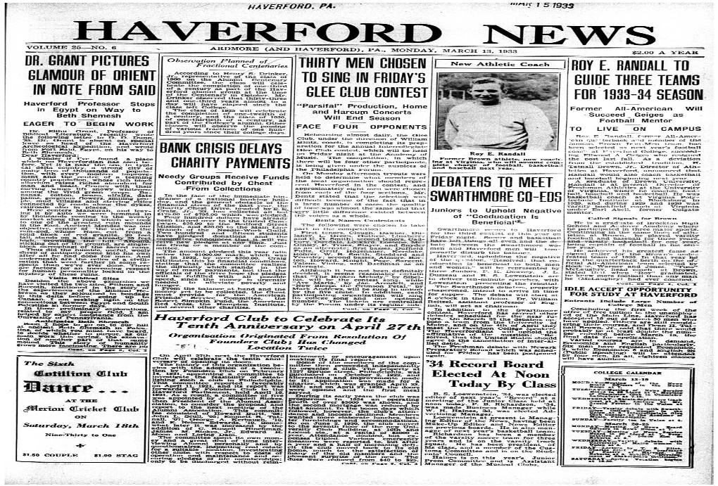 Haverford News � Volume 25—No 6 Ardmore (And Haverford), Pa., Monday, March 13, 1933 � $2.00 a Year