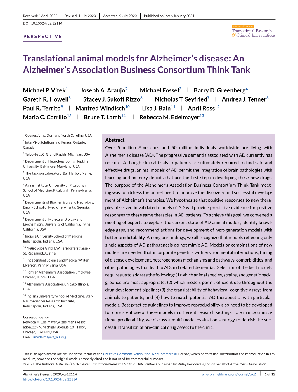 Translational Animal Models for Alzheimer's Disease