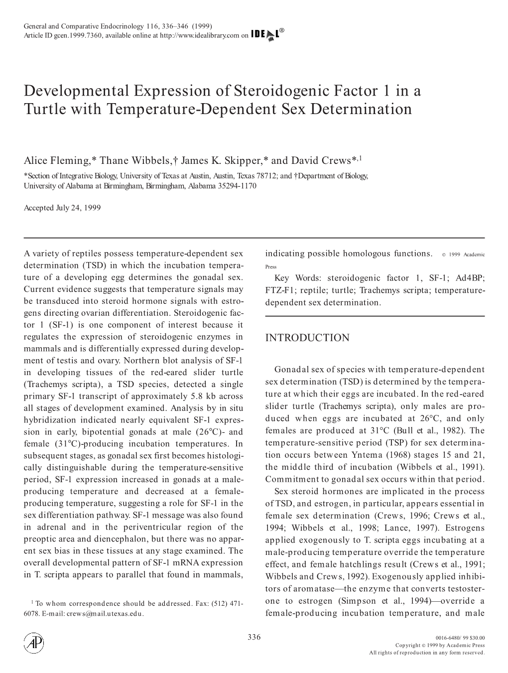 Developmental Expression of Steroidogenic Factor 1 in a Turtle with Temperature-Dependent Sex Determination