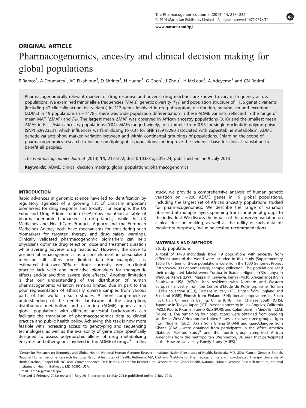 Pharmacogenomics, Ancestry and Clinical Decision Making for Global Populations