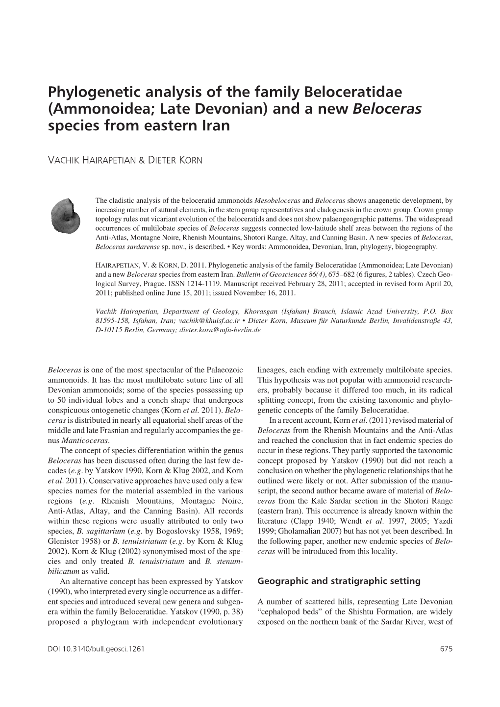 Ammonoidea; Late Devonian) and a New Beloceras Species from Eastern Iran