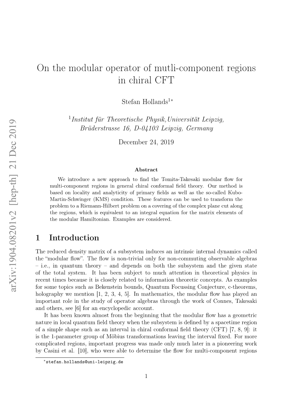 On the Modular Operator of Mutli-Component Regions in Chiral