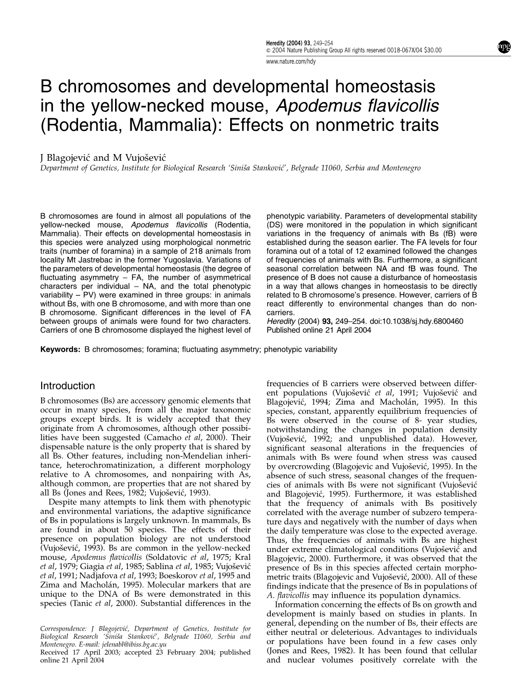 B Chromosomes and Developmental Homeostasis in the Yellow-Necked Mouse, Apodemus ﬂavicollis (Rodentia, Mammalia): Effects on Nonmetric Traits