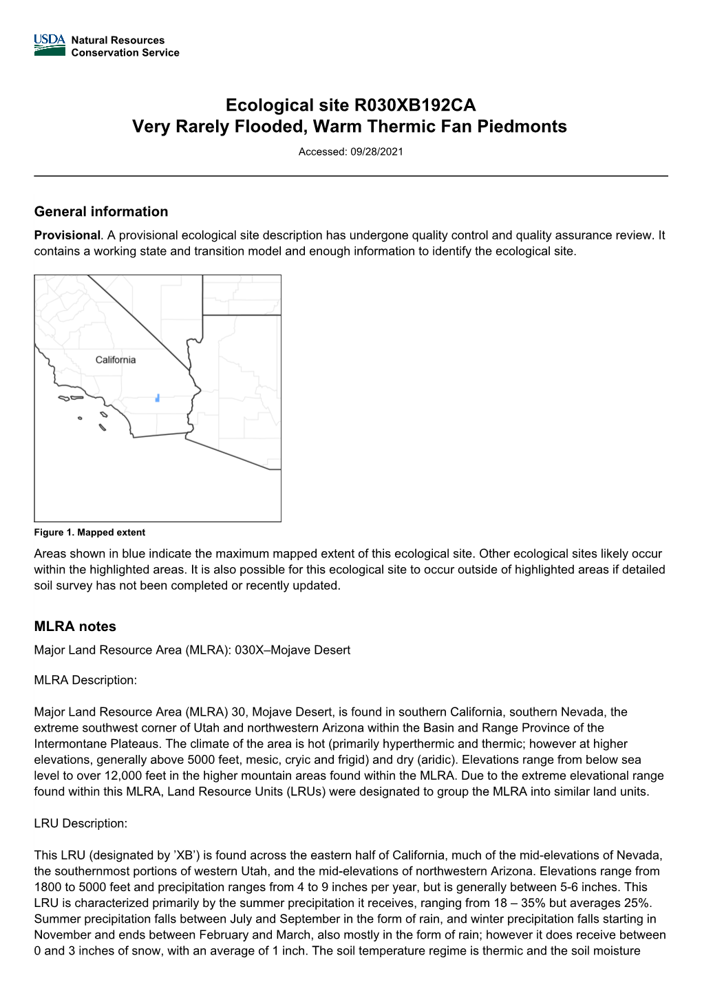 Ecological Site R030XB192CA Very Rarely Flooded, Warm Thermic Fan Piedmonts