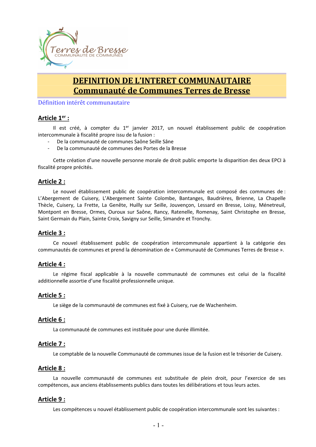 DEFINITION DE L'interet COMMUNAUTAIRE Communauté De Communes Terres De Bresse