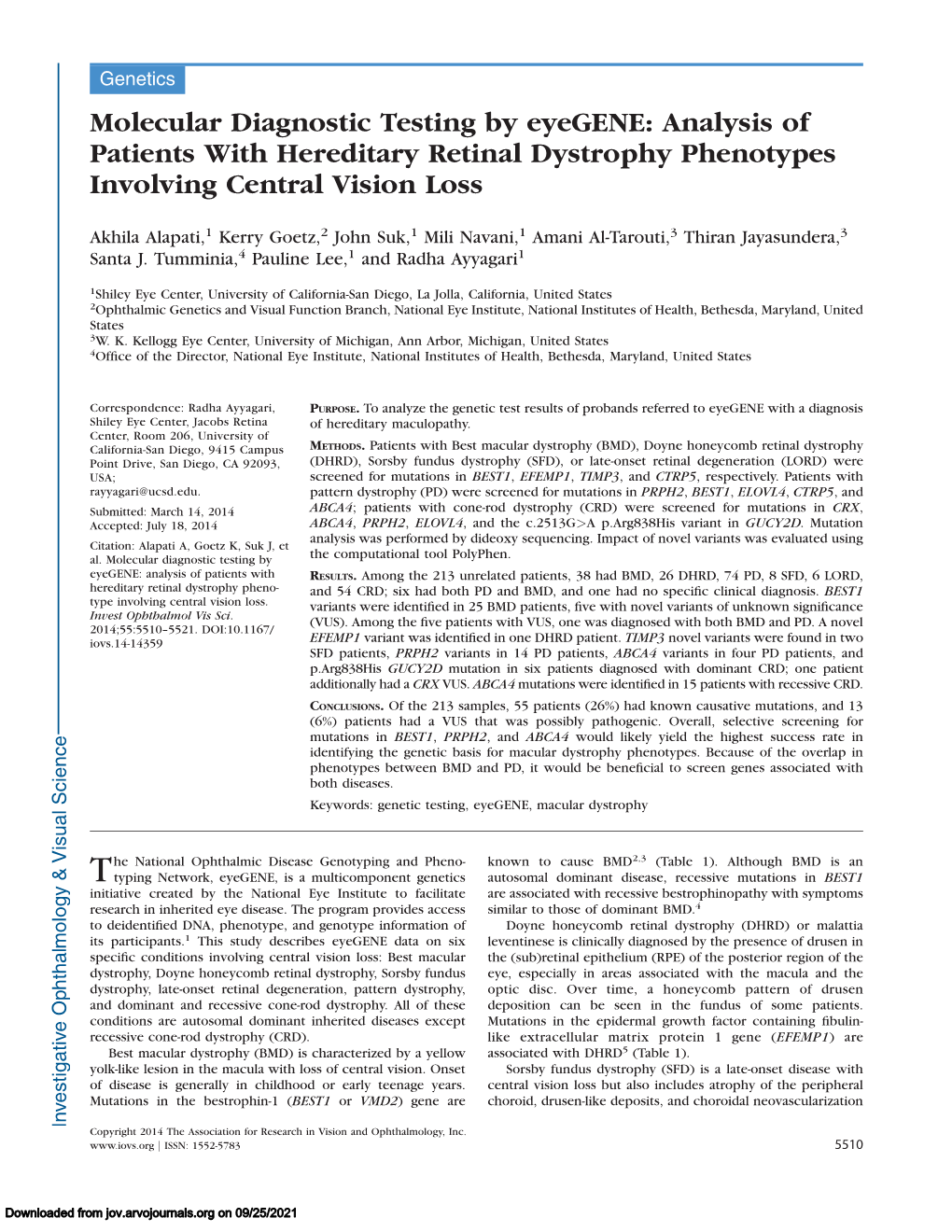 Molecular Diagnostic Testing by Eyegene: Analysis of Patients with Hereditary Retinal Dystrophy Phenotypes Involving Central Vision Loss