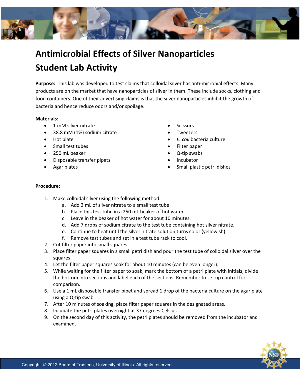 Antimicrobial Effects of Silver Nanoparticles Student Lab Activity