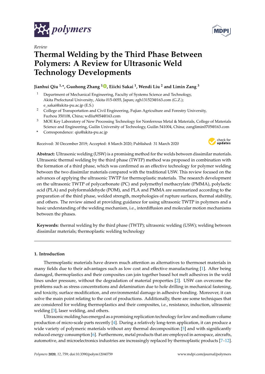 Thermal Welding by the Third Phase Between Polymers: a Review for Ultrasonic Weld Technology Developments