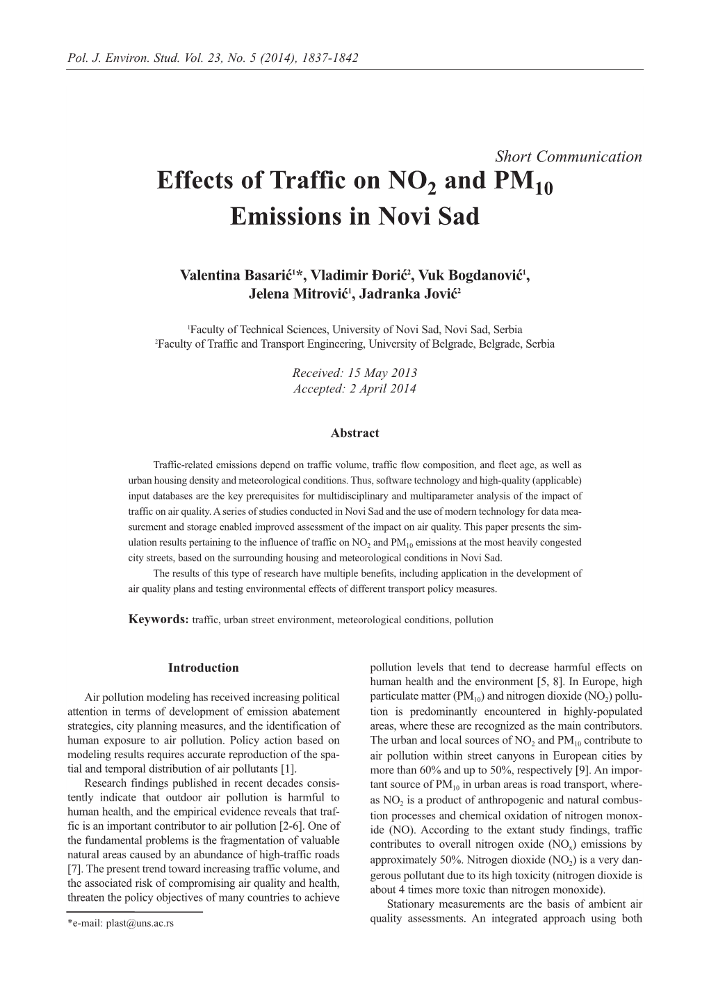 Effects of Traffic on NO and PM Emissions in Novi