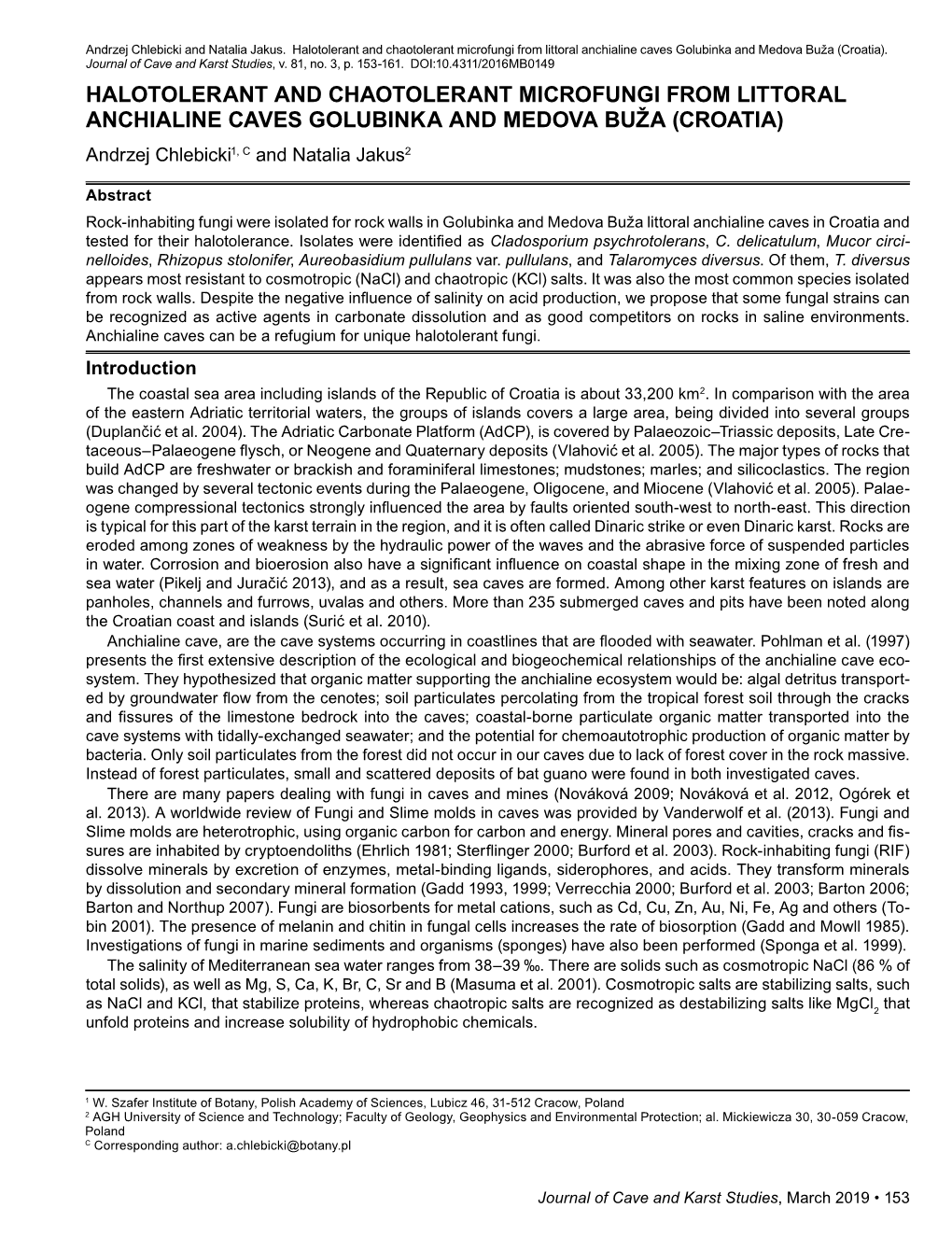 Halotolerant and Chaotolerant Microfungi from Littoral Anchialine Caves Golubinka and Medova Buža (Croatia)