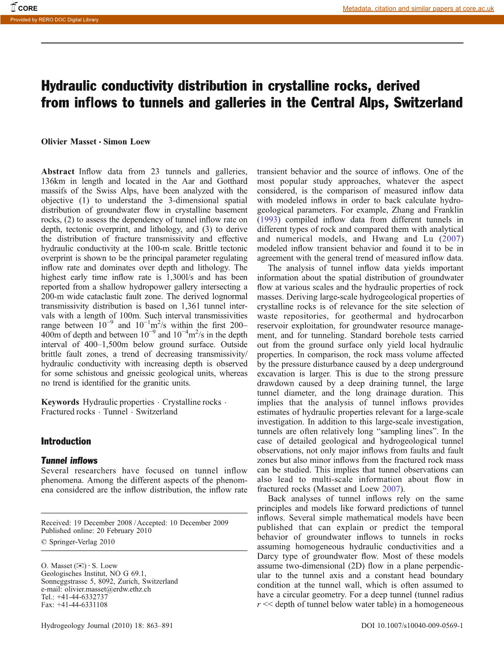 Hydraulic Conductivity Distribution in Crystalline Rocks, Derived from Inﬂows to Tunnels and Galleries in the Central Alps, Switzerland