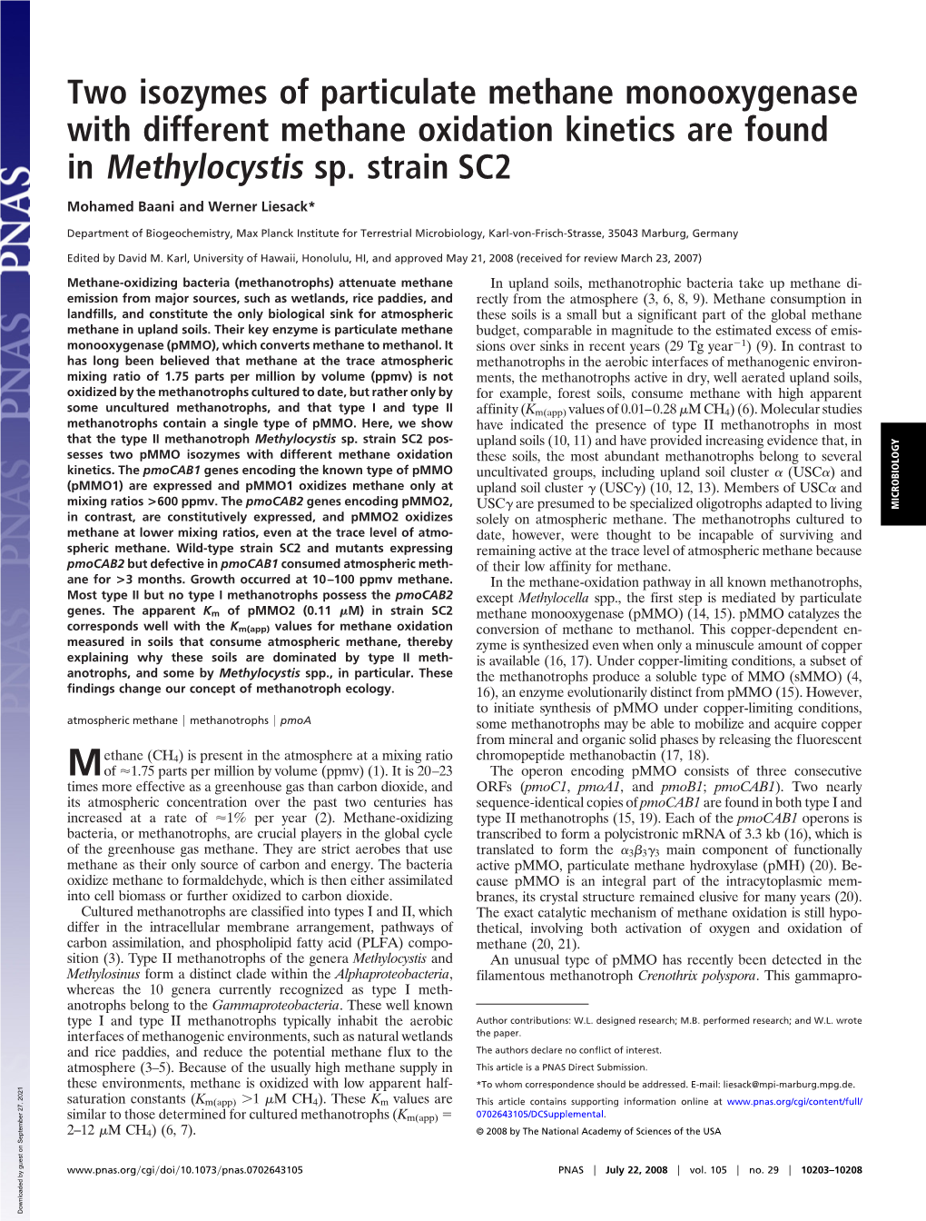 Two Isozymes of Particulate Methane Monooxygenase with Different Methane Oxidation Kinetics Are Found in Methylocystis Sp