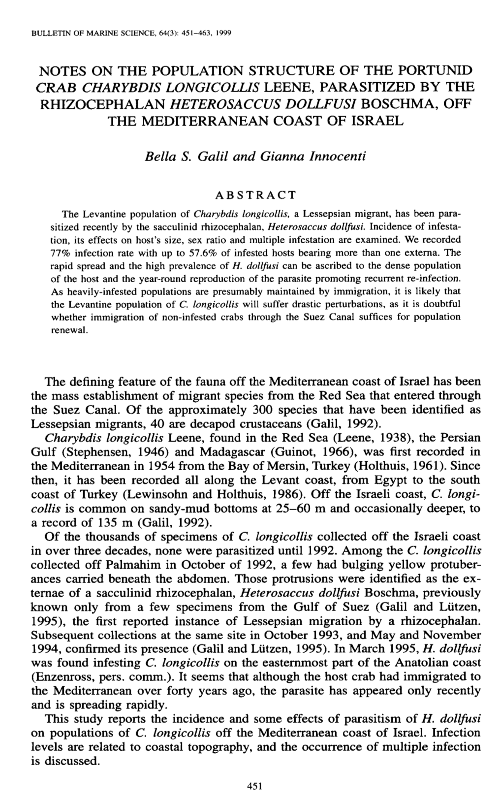 Notes on the Population Structure of the Portunid