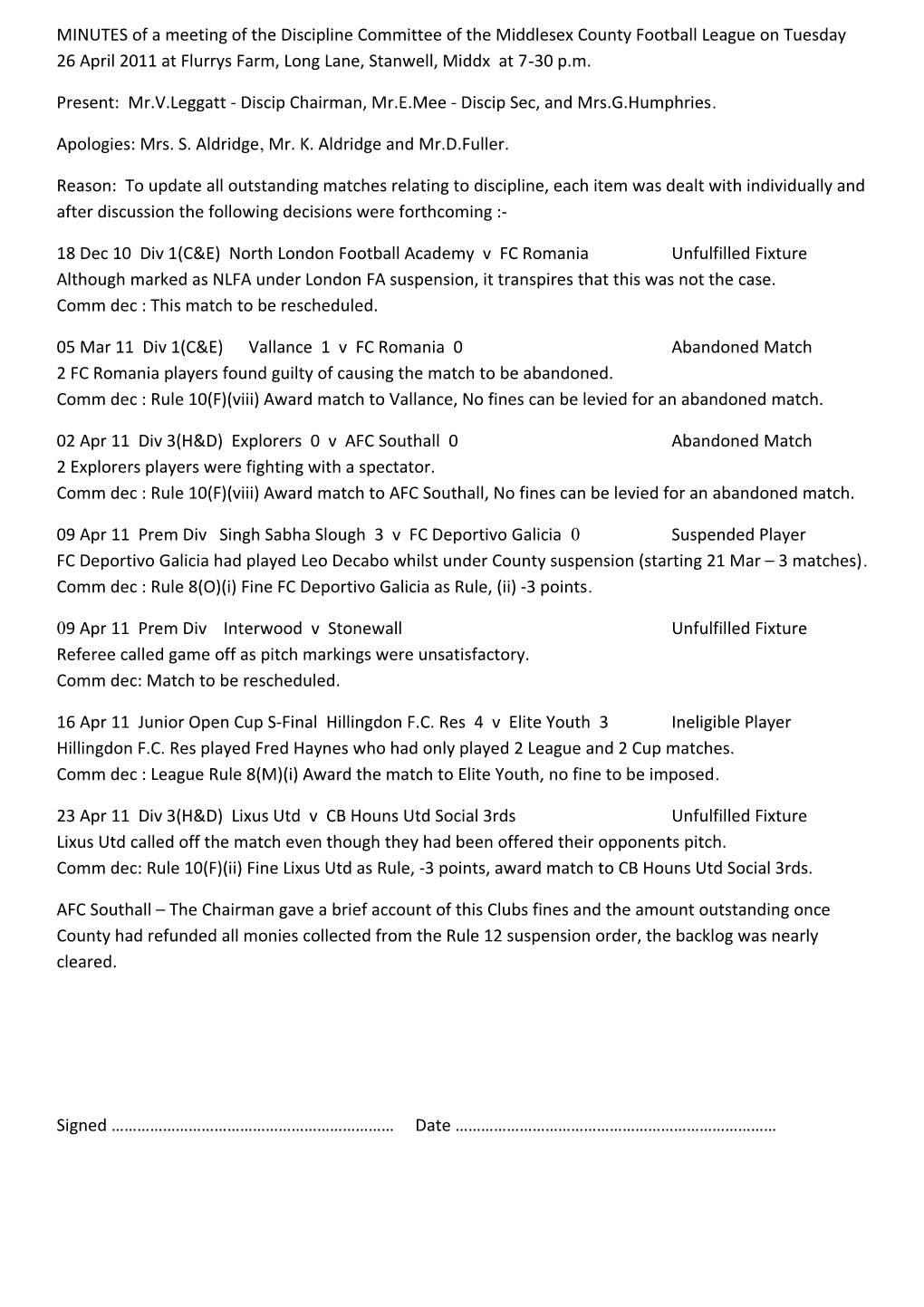 MINUTES of a Meeting of the Discipline Committee of the Middlesex County Football League