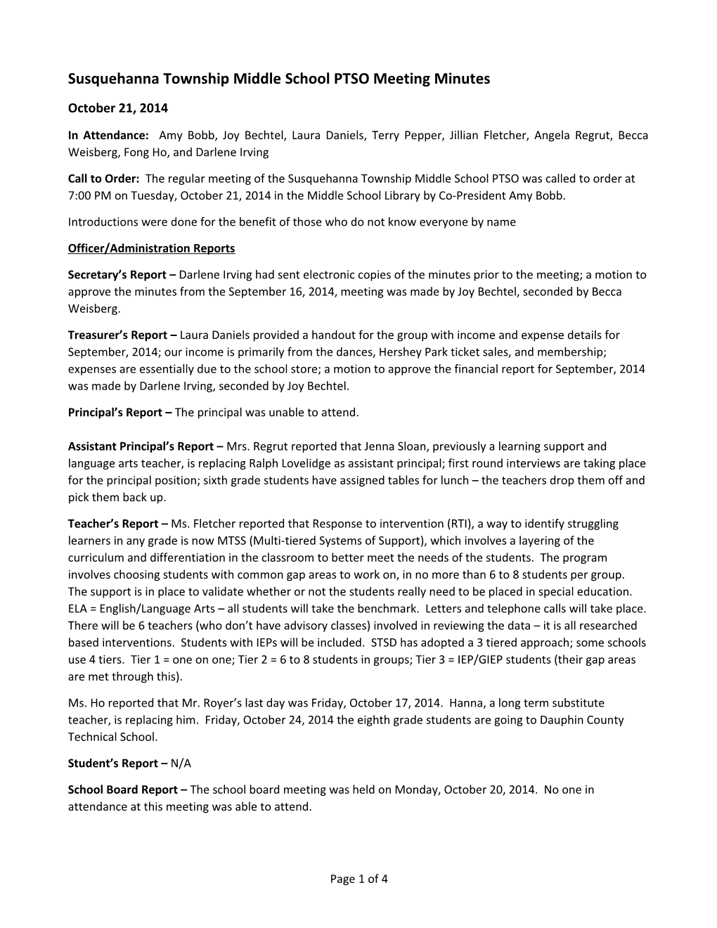 Susquehanna Township Middle School PTSO Meeting Minutes