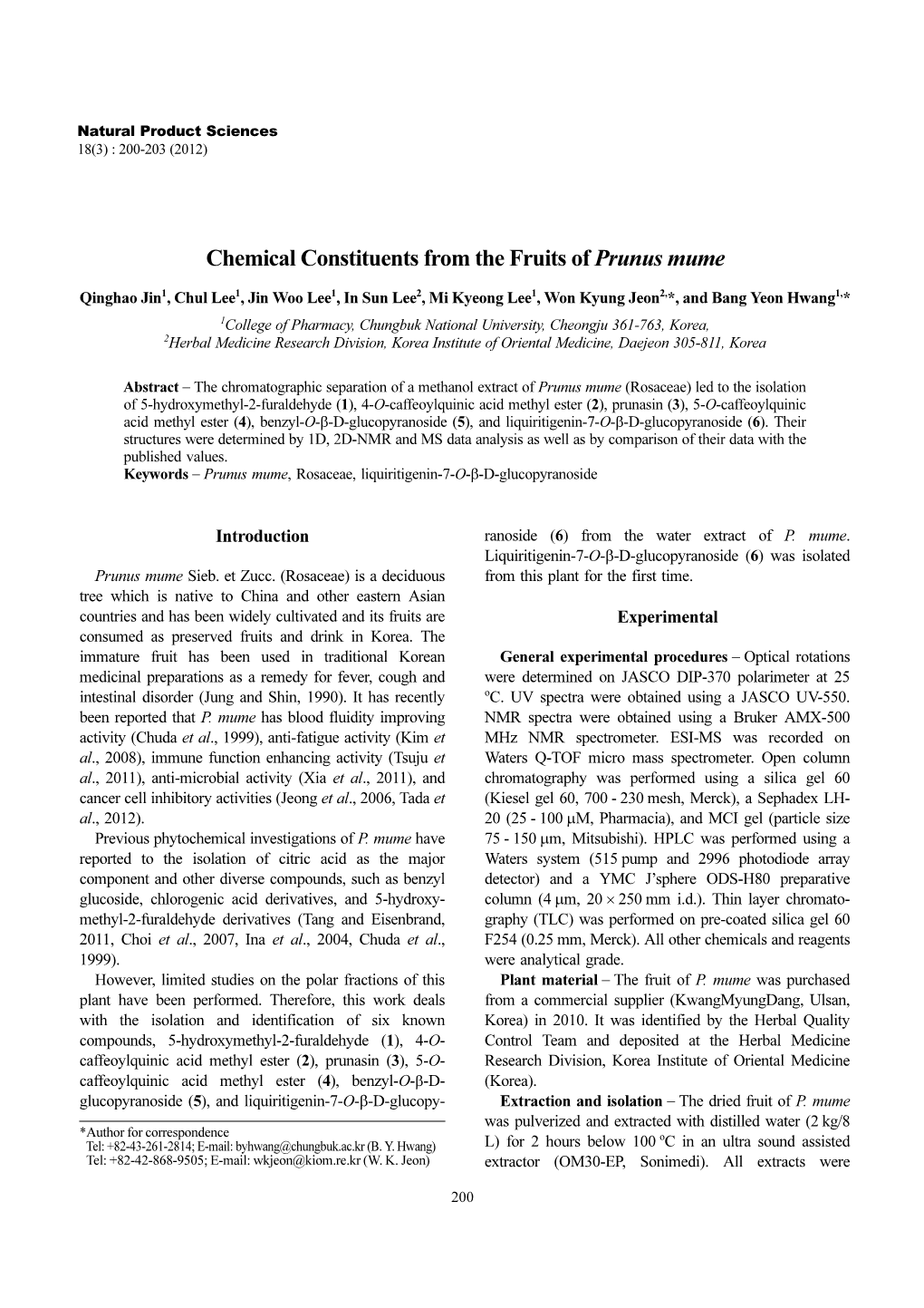 Chemical Constituents from the Fruits of Prunus Mume