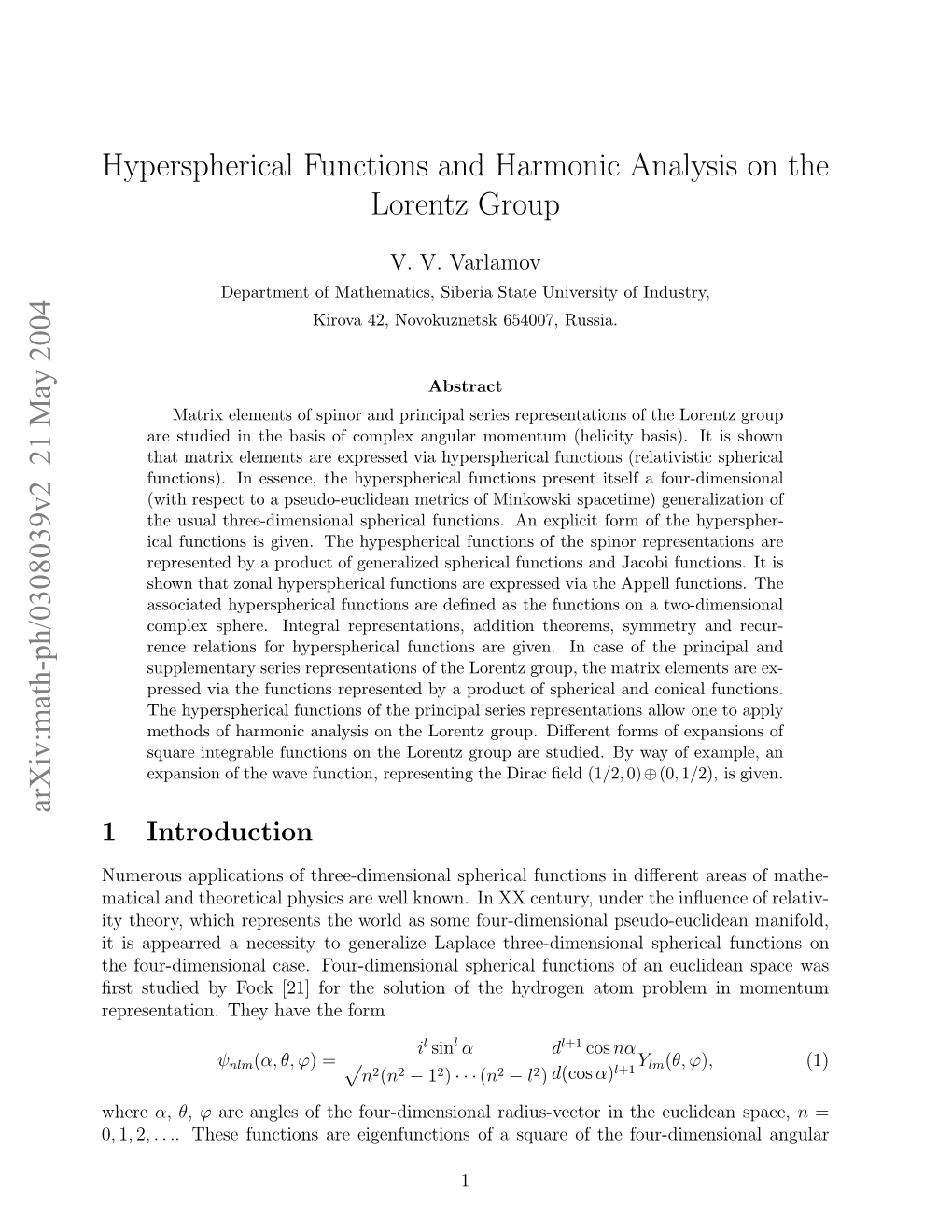 Hyperspherical Functions and Harmonic Analysis on the Lorentz