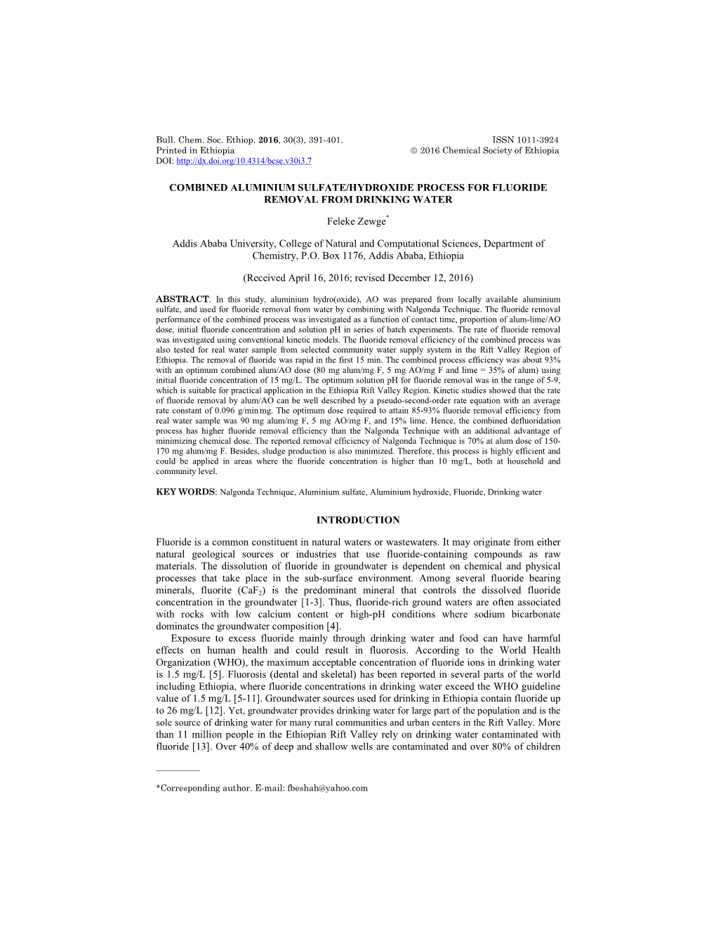 Combined Aluminium Sulfate/Hydroxide Process for Fluoride Removal from Drinking Water