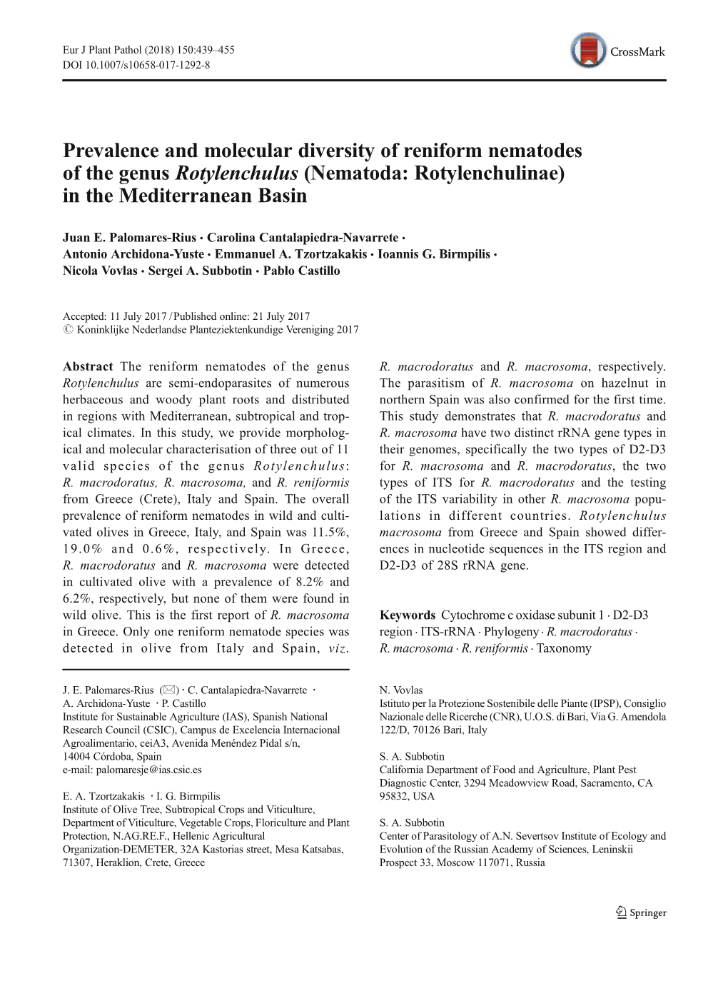 Prevalence and Molecular Diversity of Reniform Nematodes of the Genus Rotylenchulus (Nematoda: Rotylenchulinae) in the Mediterranean Basin
