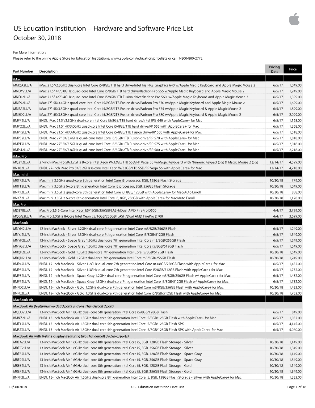 Apple US Education Price List