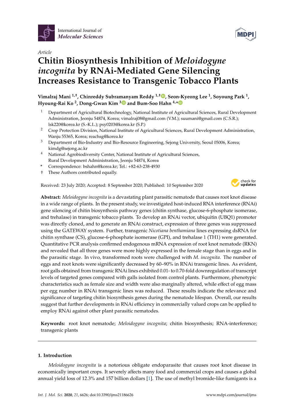 Chitin Biosynthesis Inhibition of Meloidogyne Incognita by Rnai-Mediated Gene Silencing Increases Resistance to Transgenic Tobacco Plants