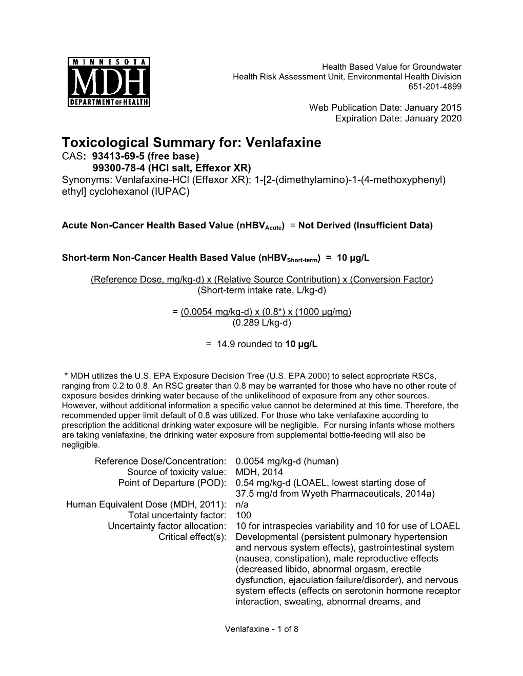 Toxicological Summary for Venlafaxine (PDF)