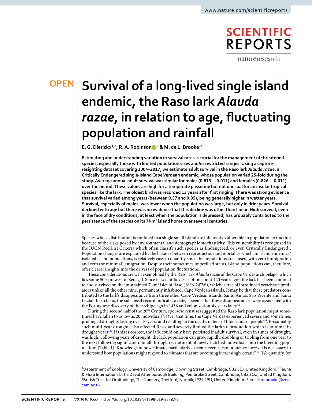 Survival of a Long-Lived Single Island Endemic, the Raso Lark Alauda Razae, in Relation to Age, Fuctuating Population and Rainfall E