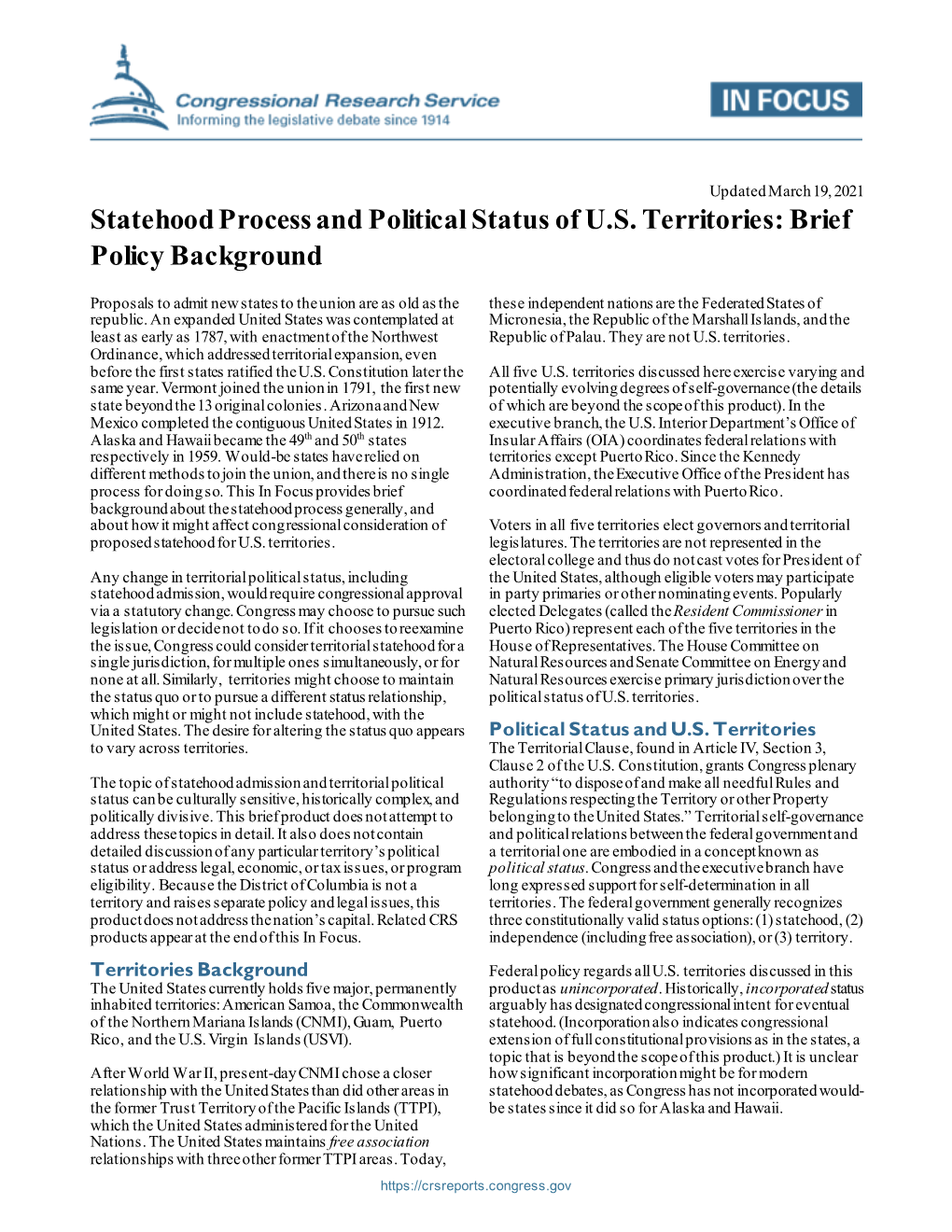 Statehood Process and Political Status of U.S. Territories: Brief Policy Background