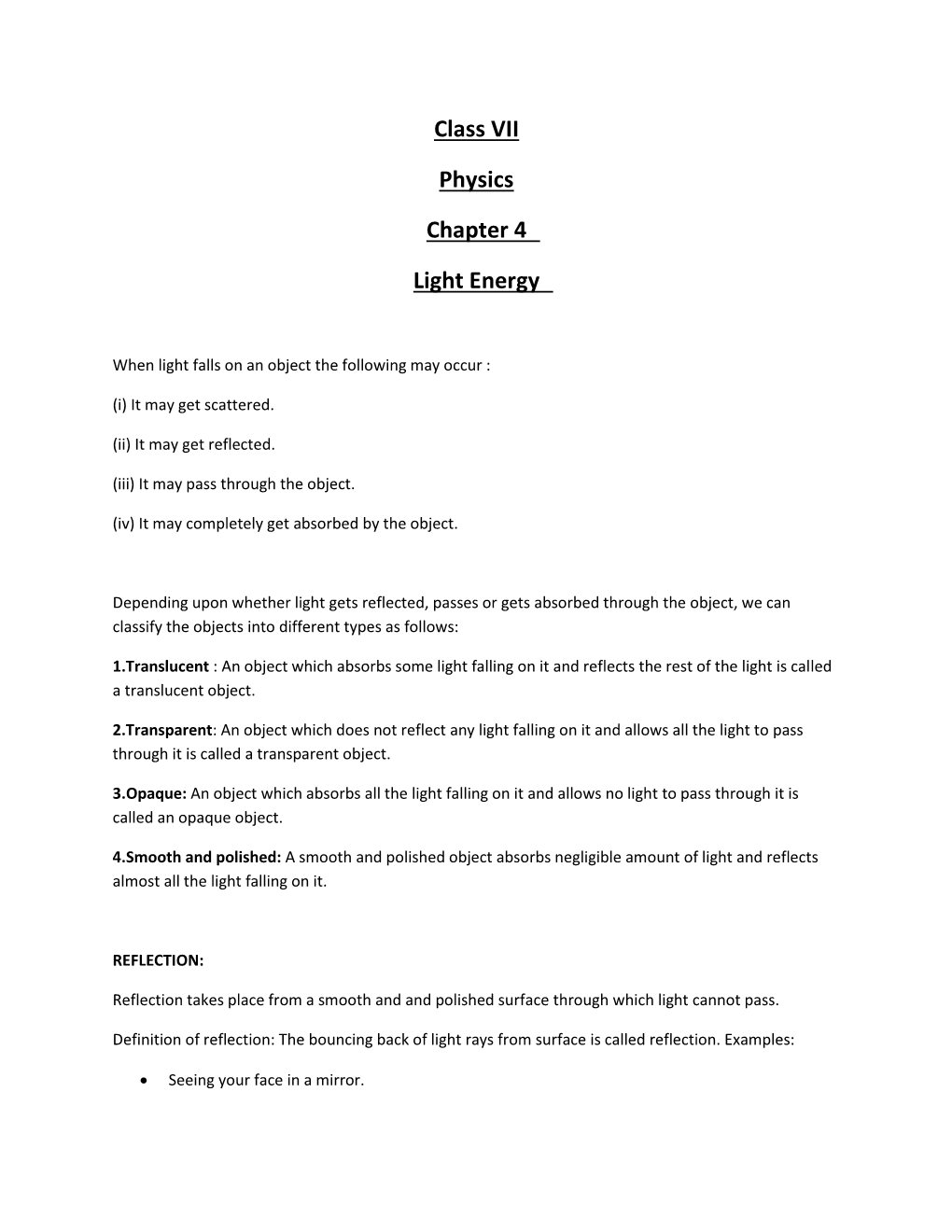 Class VII Physics Chapter 4 Light Energy