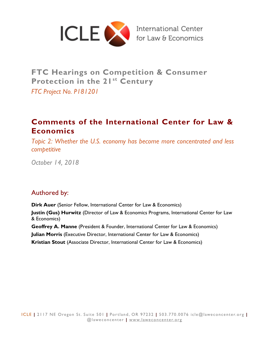 FTC Hearings on Competition & Consumer Protection in the 21 St Century FTC Project No