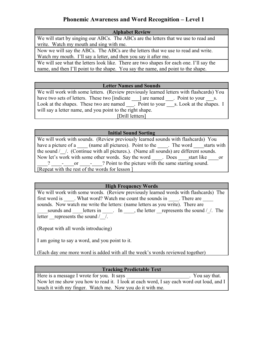 Phonemic Awareness and Word Recognition Level 1