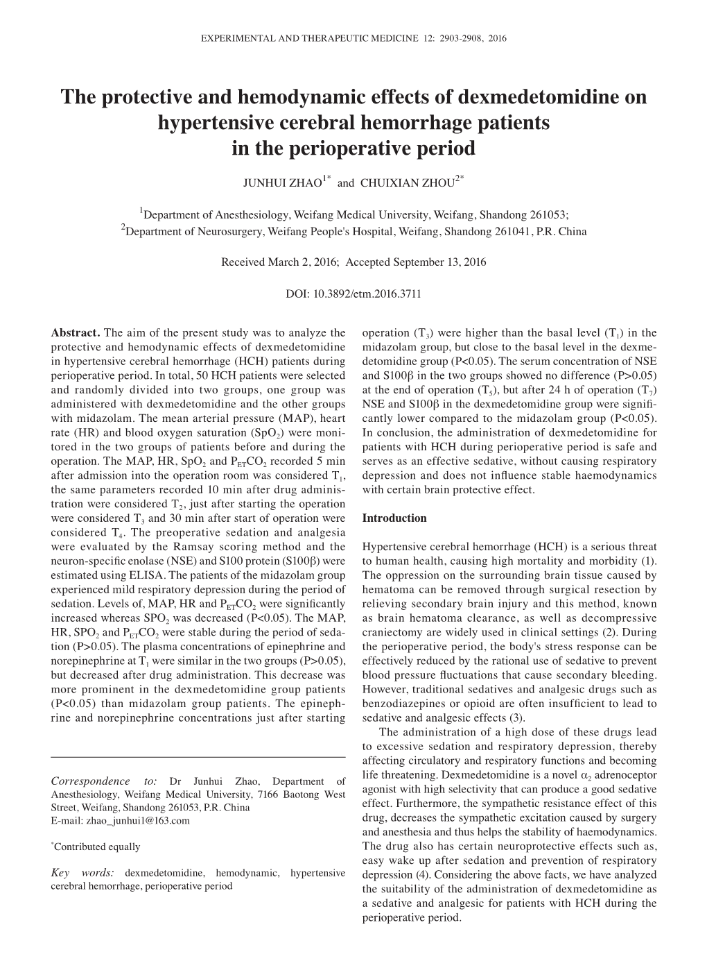 The Protective and Hemodynamic Effects of Dexmedetomidine on Hypertensive Cerebral Hemorrhage Patients in the Perioperative Period