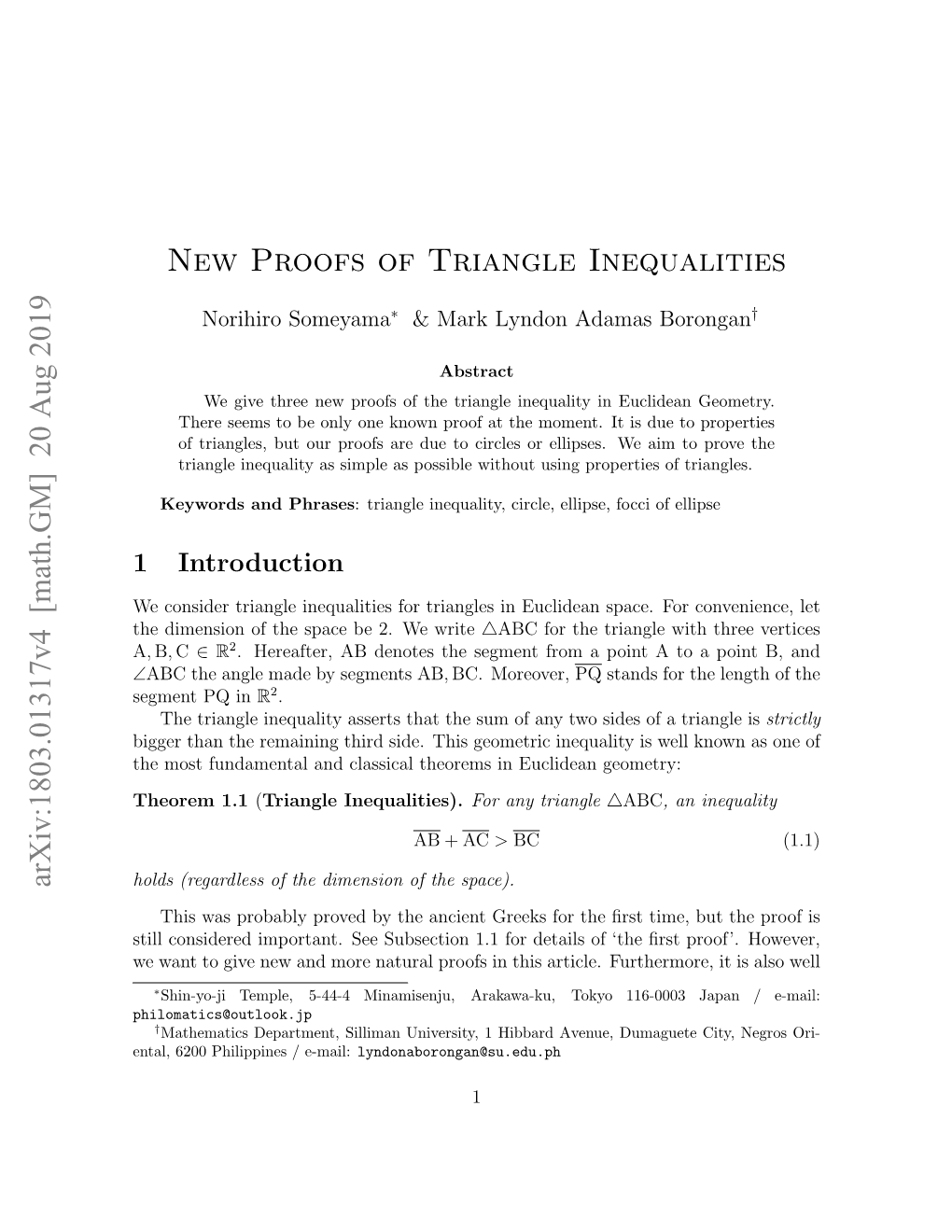 New Proofs of Triangle Inequalities Arxiv:1803.01317V4 [Math.GM] 20